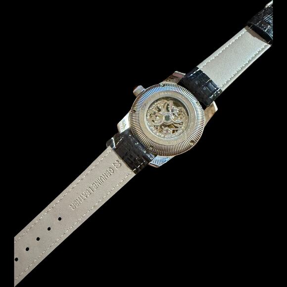Duboule Automatic Winding Mens Skeleton Watch Stainless Steel Black Leather 50M